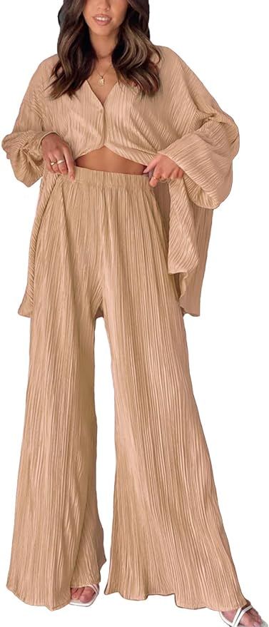 ONIRIKE Womens Loungewear Set 2 Piece Sweatsuits Outfits Casual Pleated Long Sleeve Button Down S... | Amazon (US)