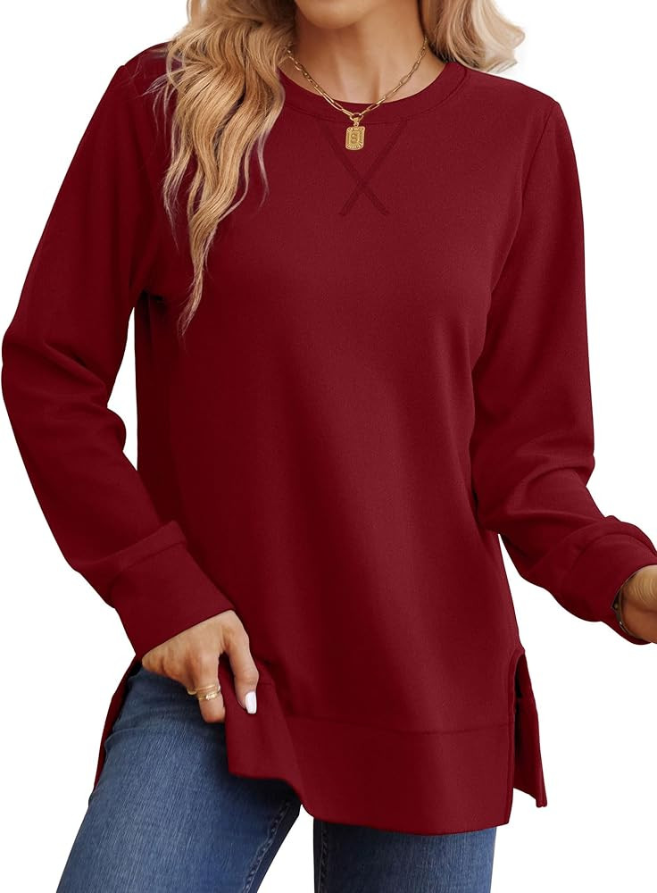 Saloogoe Sweatshirt for women Side Split Fall Fashion 2025 Long Sleeve Shirts Trending Now | Amazon (US)