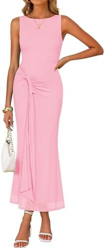 ZESICA Women's Summer Sleeveless Bodycon Dress 2026 Crewneck Ruched Sexy Mesh Wedding Guest Cockt... | Amazon (US)