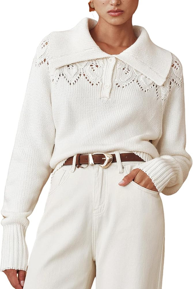 Yeokou Womens Sweaters Eyelet Collar Casual Long Sleeve Lightweight Knit Crochet Pullover Tops | Amazon (US)
