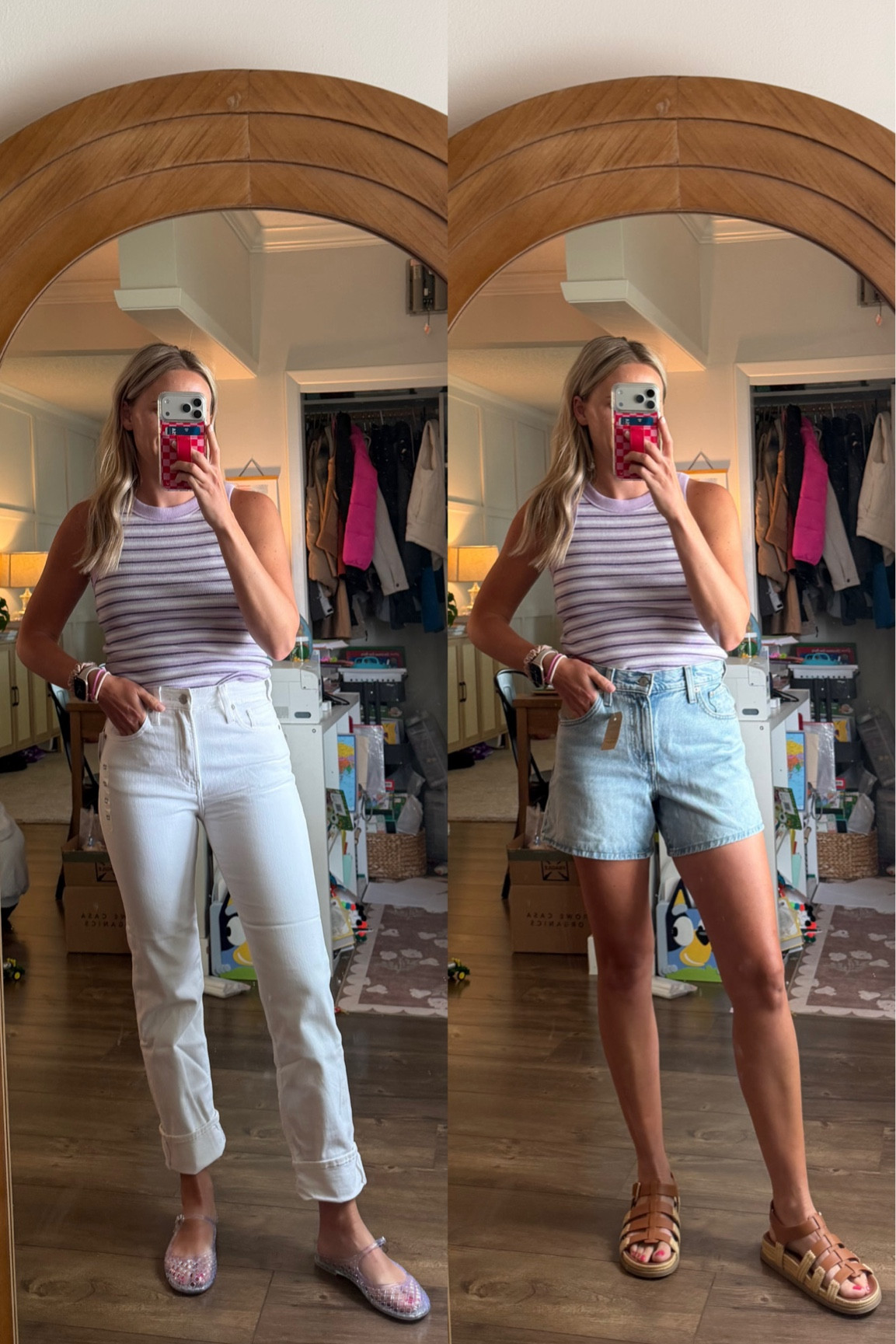 True to size, wearing a 26 in both
