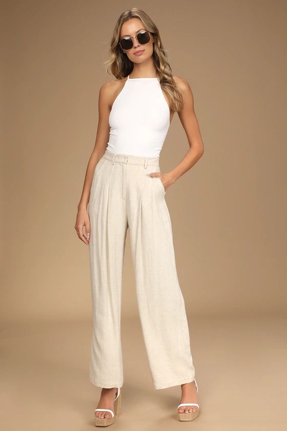 Never Miss Beige High-Waisted Wide-Leg Pleated Trouser Pants | Lulus (US)