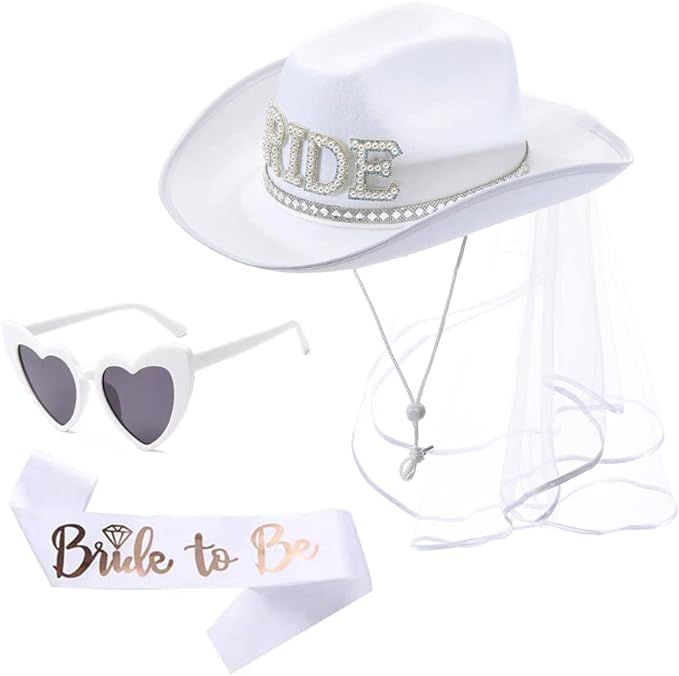 Bride Cowgirl Hat with Sash & Glasses- Nashville Bachelorette Party Hats - Bridal Shower Last Rod... | Amazon (US)