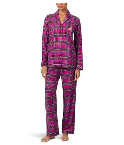Lauren Ralph Lauren Women's Long Sleeve Brushed Twill Notch Collar PJ Set Pink Plaid, X-Large | Amazon (US)