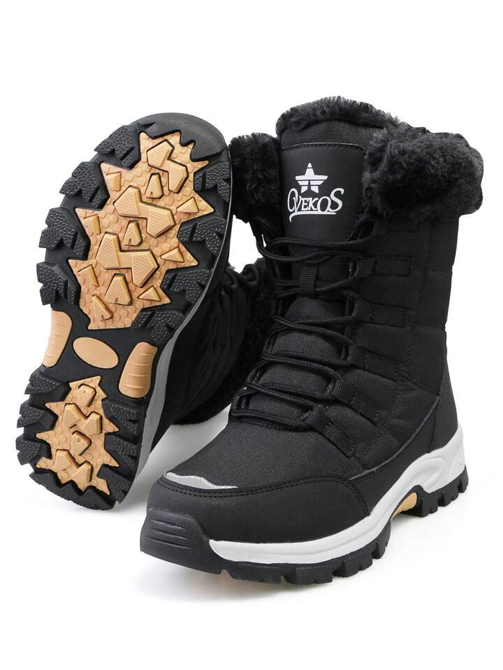 Women Letter Graphic Thermal Lined Snow Boots, Artificial Microfiber Leather Lace-up Front Fashio... | SHEIN