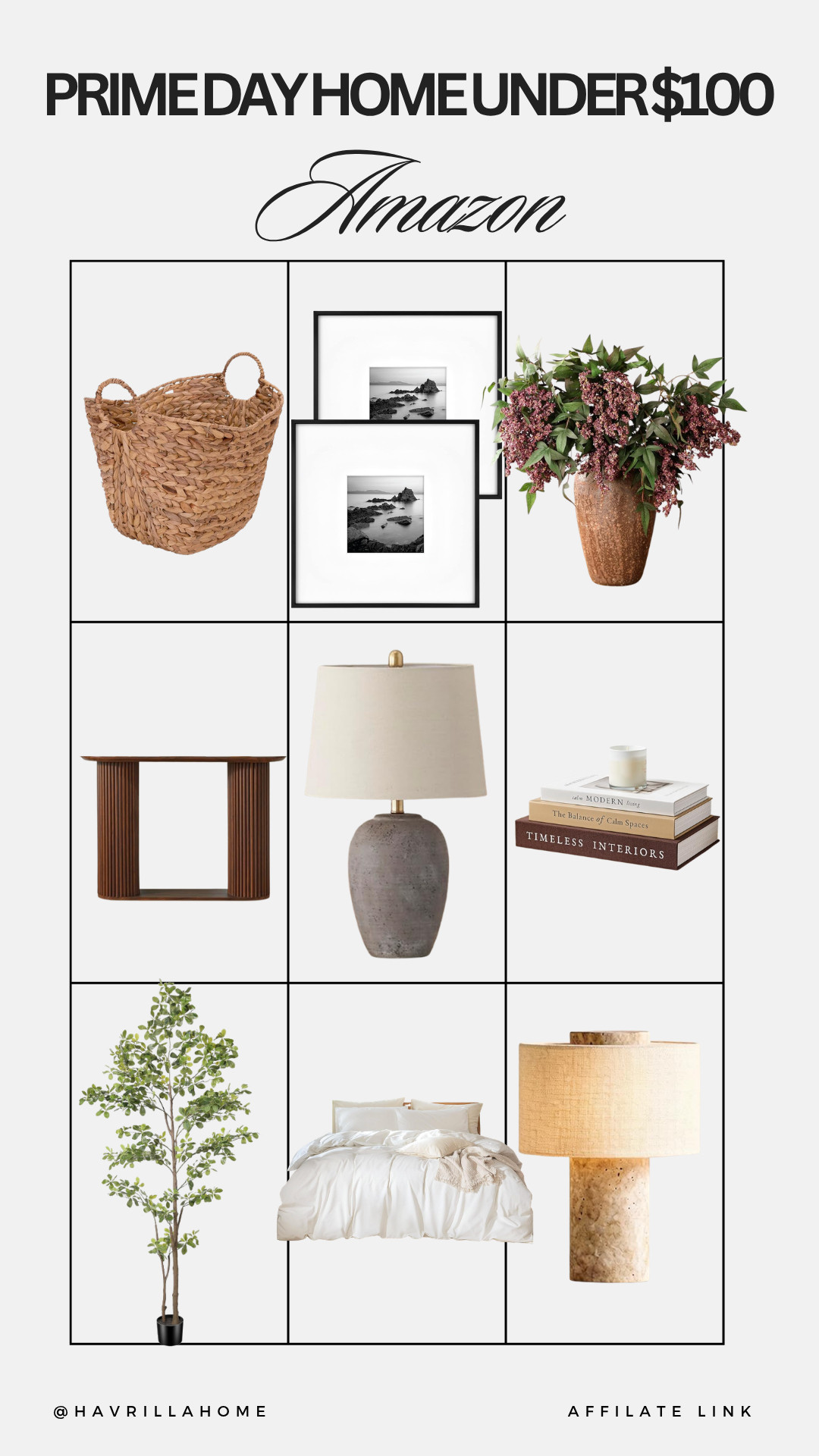 Prime Day Home Under $100, home decor under $100, Prime Day home deals, Amazon home finds, woven baskets, gallery wall frames, black picture frames, faux floral arrangement, accent table, wood side table, ceramic table lamp, decorative books, coffee table books, faux tree, artificial tree, white bedding, neutral bedding, stone lamp, affordable home decor, budget home finds, designer look for less, living room decor, bedroom decor, Amazon furniture finds, home styling inspiration

#LTKHome #LTKSaleAlert