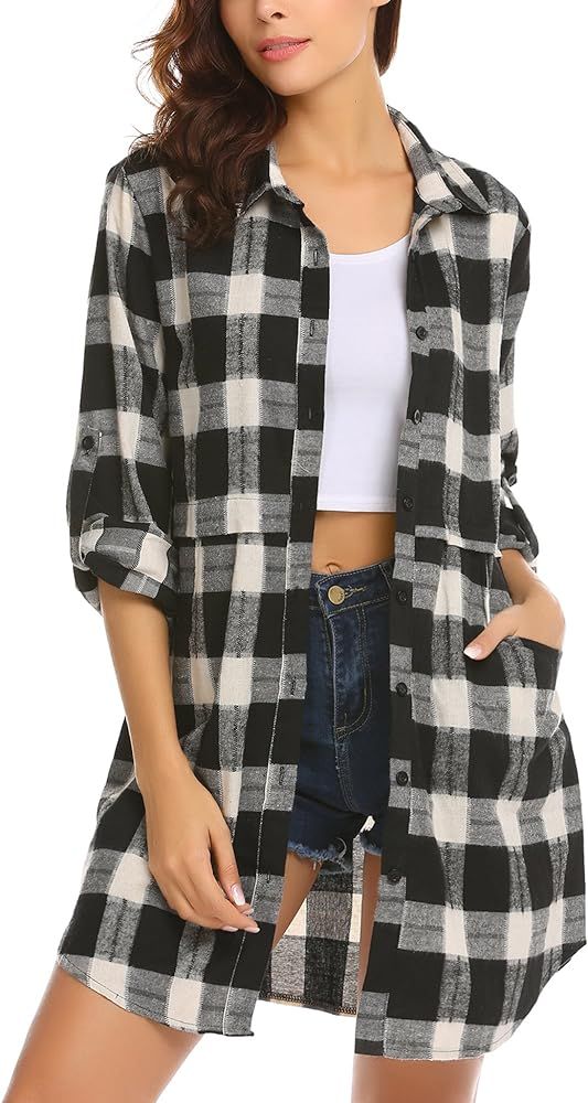 HOTOUCH Womens Flannel Plaid Shirts Roll Up Long Sleeve Pockets Mid-Long Casual Boyfriend Shirts | Amazon (US)