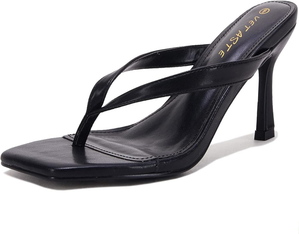 VETASTE Womens Kitten Thong Heels Square Toe Heeled Flip Flops Mule Stiletto Dress Party Sandals | Amazon (US)