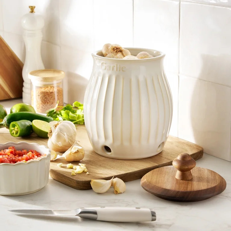 The Pioneer Woman Colette Stoneware Garlic Keeper, White | Walmart (US)