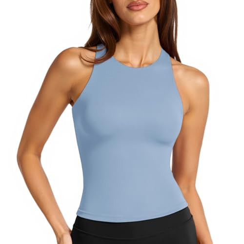 LASLULU Womens Sports Bra Strappy High Neck Longline Athletic Yoga Running Gym Workout Crop Tops Clothes Padded Workout Tank Tops with Built in Bra (Haze Blue, Medium) | Amazon (US)