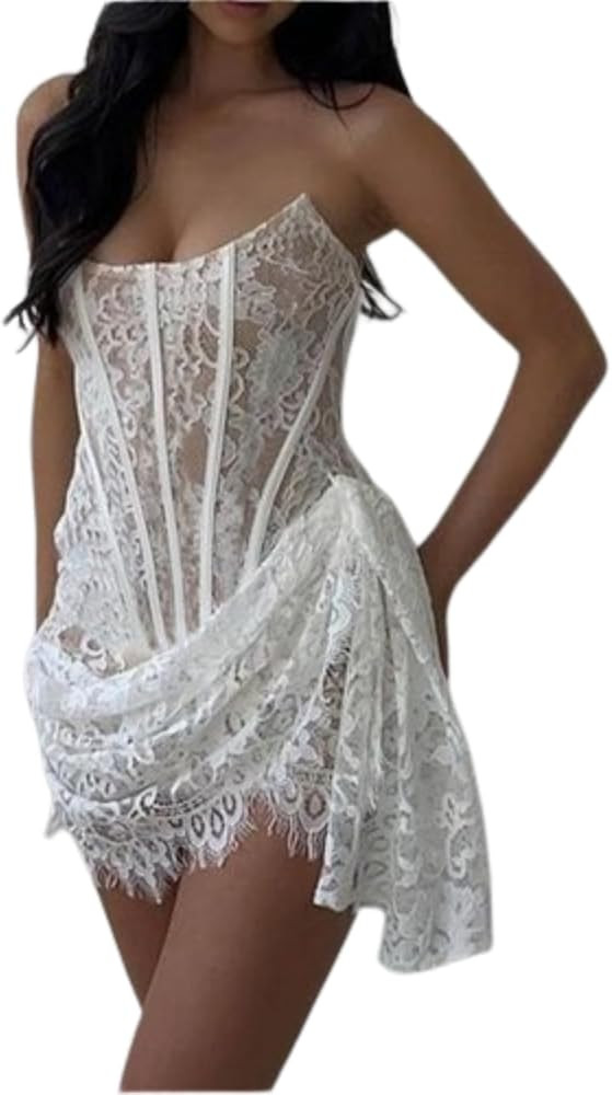 OCUH Womens Mini Dress Floral Corset Dress Draped Lace Tube Top Dress Cocktail Dress Sexy 2024 Su... | Amazon (US)