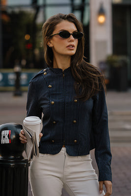 Maren Pinstripe Military Jacket - M / Navy | Böhme US