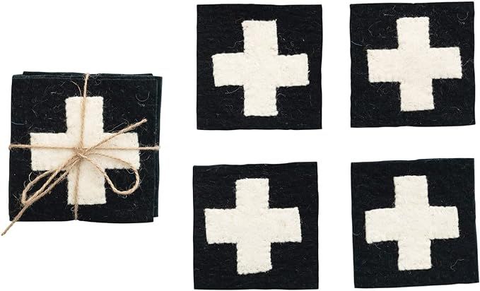 Creative Co-Op Wool Felt Appliqued Swiss Cross, Set of 4 Coasters, 4" L x 4" W x 0" H, Black | Amazon (US)