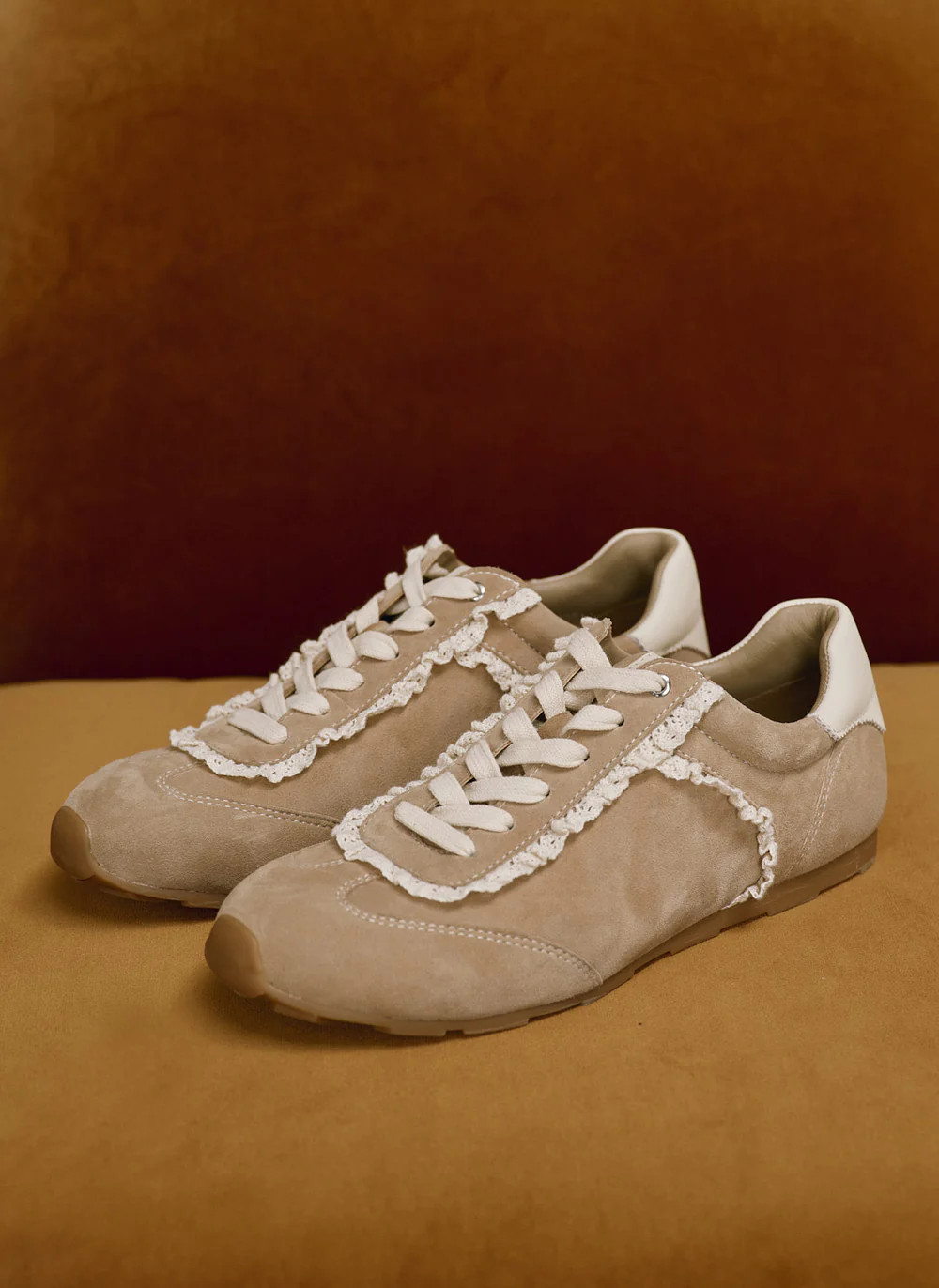 Lina Neutral Suede Lace Detail Trainers | Mint Velvet