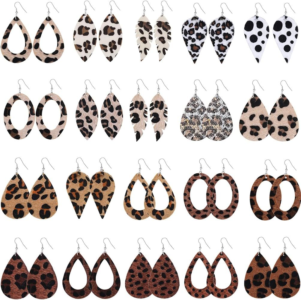 20 Pieces Petal Leather Earrings Leopard Print Earrings Teardrop Dangle Earrings | Amazon (US)
