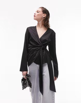 Topshop slouchy shoulder pad wrap top in black | ASOS (Global)
