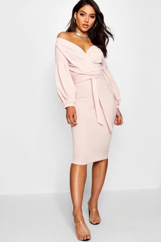Off The Shoulder Wrap Midi Bodycon Dress | Boohoo.com (US & CA)
