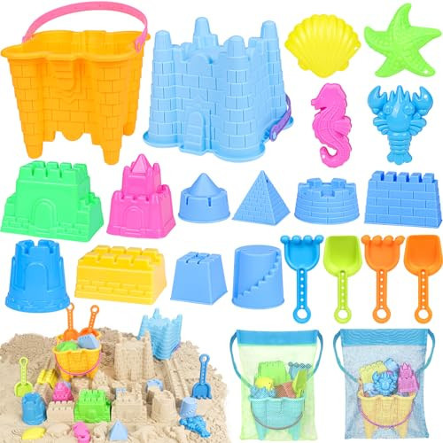 KUBUSFLY Beach Toys for Toddlers, Sand Castle Toys with 2 Sand Bucket, 2 Mesh Bag, 4 Sand Shovels & Sand Molds, Travel Sand Toys for Beach Sandbox Toys for Toddlers Kids Baby Boys Girls Age 3-10 | Amazon (US)