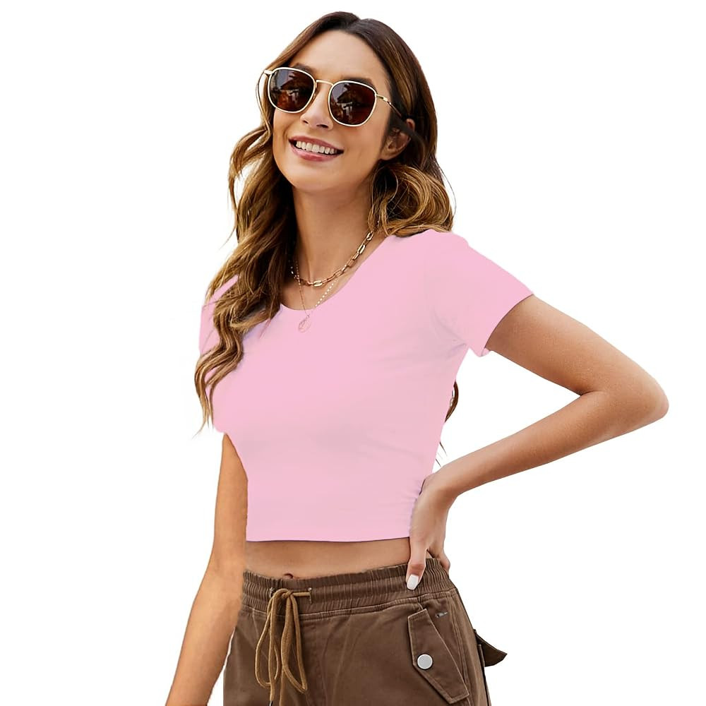 LONGBIDA Women's Scoop Neck Basic Crop Top Solid Short Sleeve T-Shirt | Amazon (US)