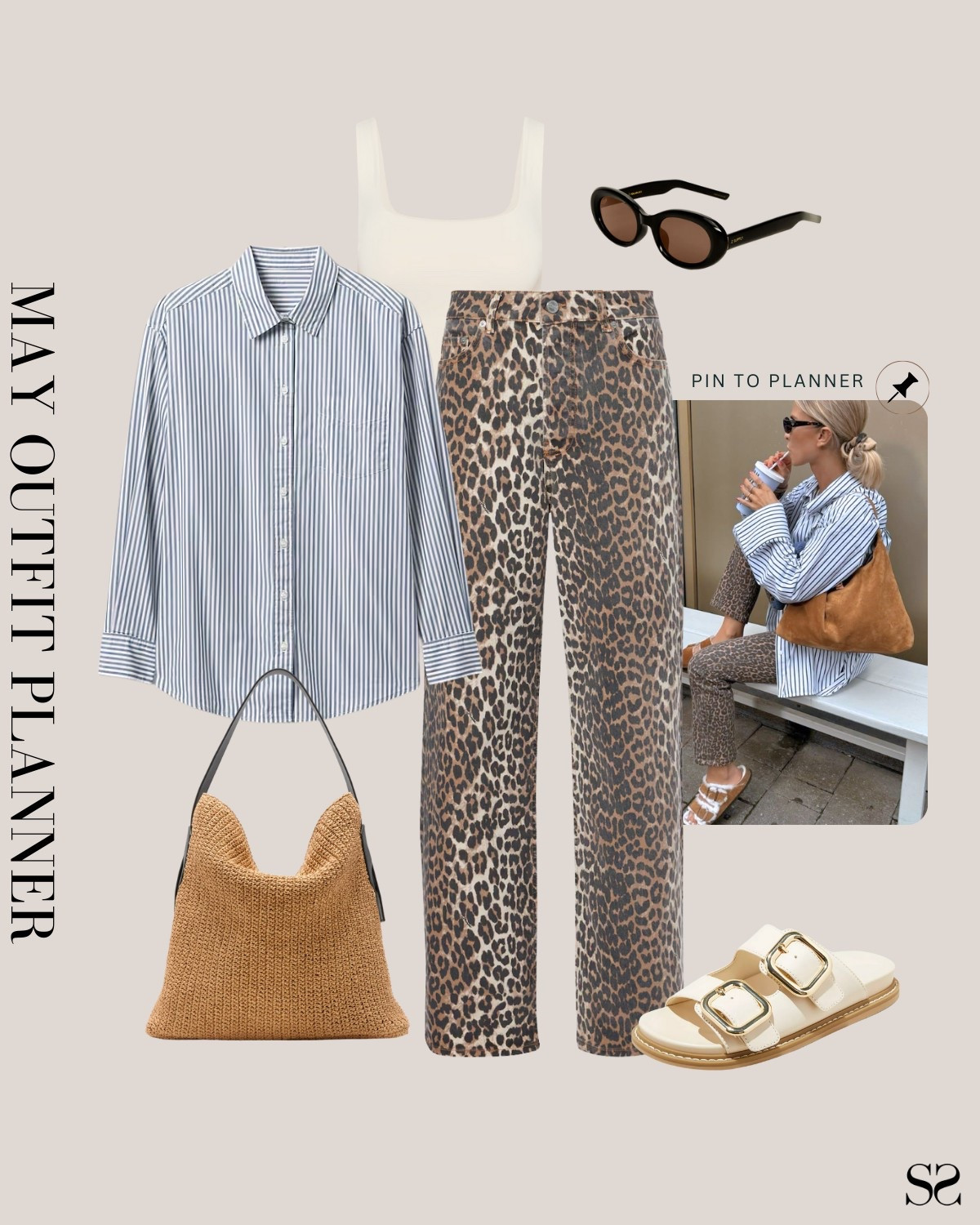 Monthly outfit planner MAY: Sunday Spotlight: Spring looks, pin to planner outfit inspo | leopard jean, striped button up, Birkenstocks, straw tote 

#springoutfit #casualstyle 

Image credit: Pinterest

#LTKStyleTip