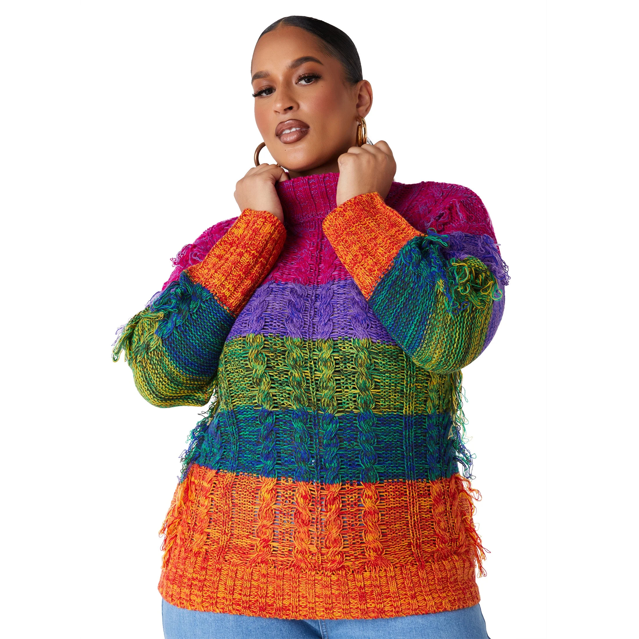 Ashley Stewart Women's Plus Size Fringed Rainbow Cable Knit Sweater | Walmart (US)