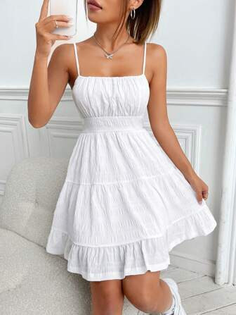 SHEIN EZwear Ruched Bust Shirred Back Ruffle Hem Cami Dress | SHEIN