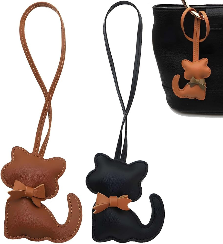 Cat-Shaped Bag Charms Keychains - Set of 2, PU Leather, Cartoon Kitten Designs, Stylish Women's A... | Amazon (US)