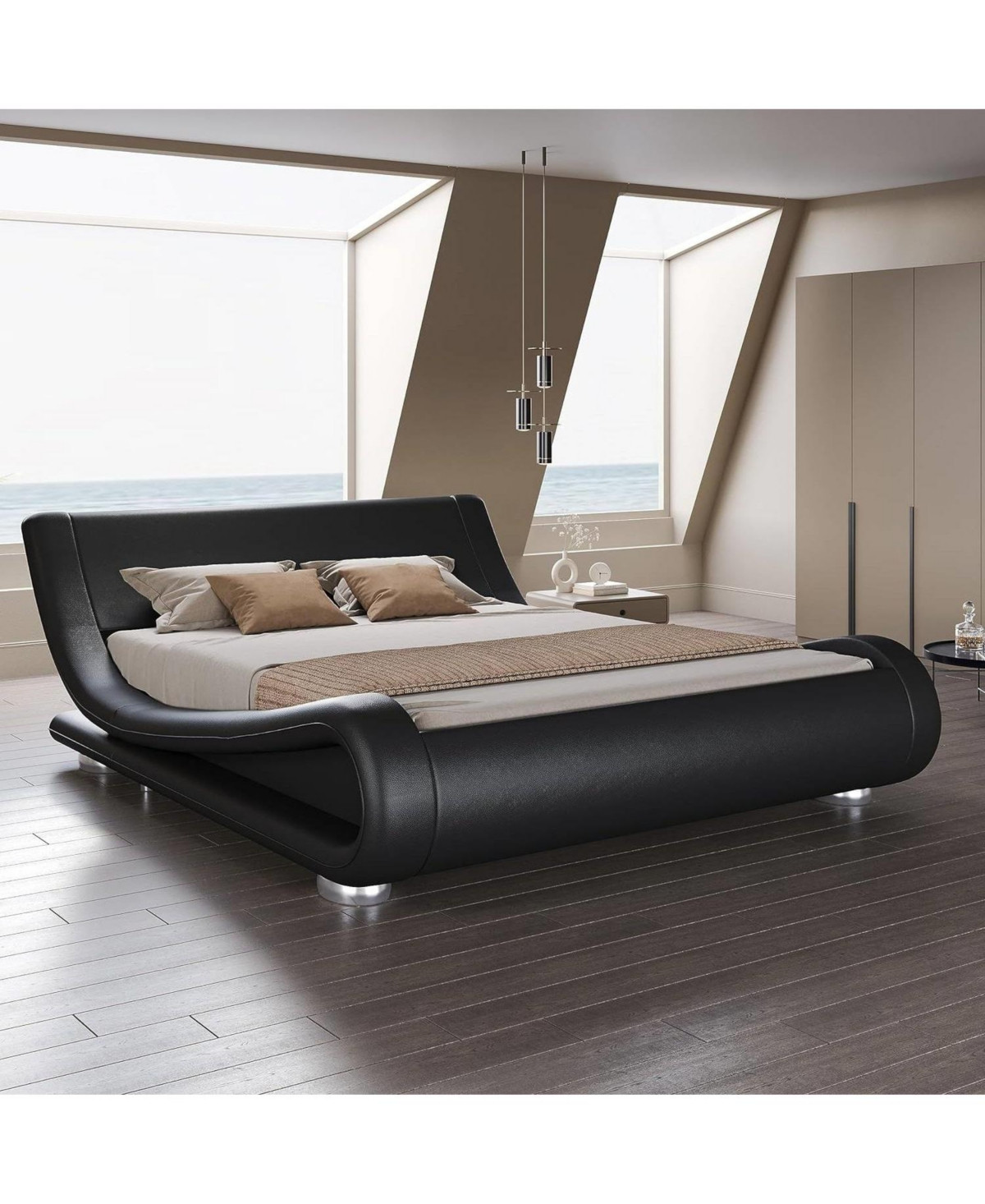 Slickblue Modern Upholstered Platform Bed Frame with Sleigh Curved Headboard - Black | Macy's