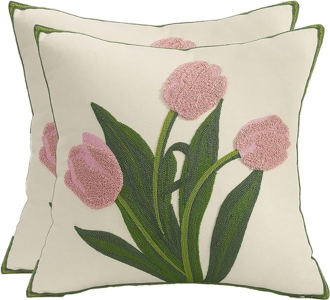 Embroidery Throw Pillow Covers 18x18 inch Pack of 2 Pink Tulip Flower Pillowcases Spring Pillow C... | Amazon (US)