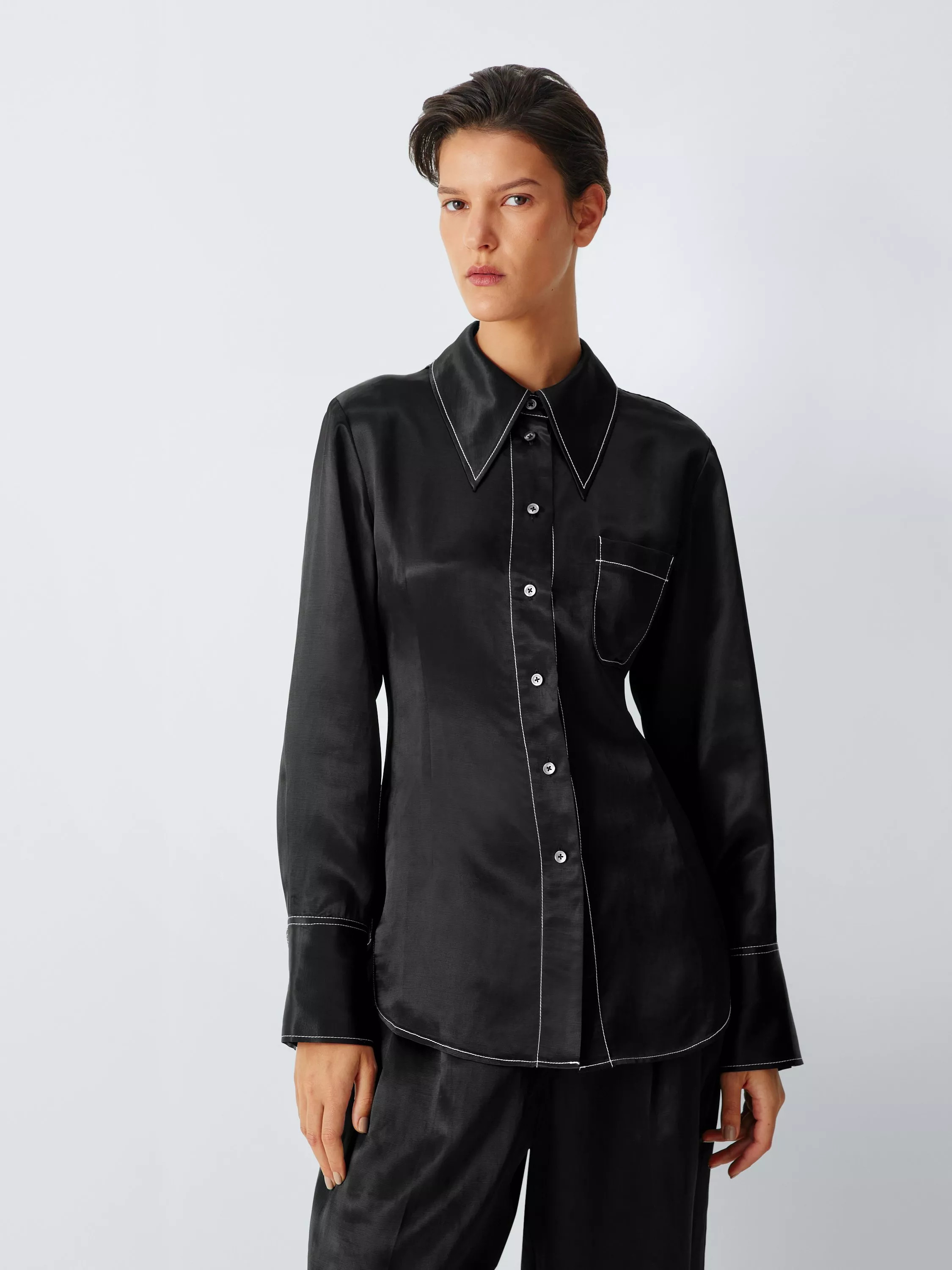 Satin Contrast Stitch Detail Shirt, Black | John Lewis (UK)