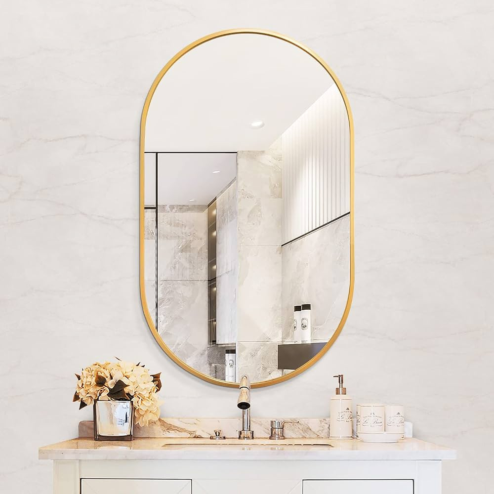 TheiaMo Wall-Mounted Mirror, Gold Oval 33"x20" Bathroom Vanity Mirror with Metal Frame, Explosion... | Amazon (US)