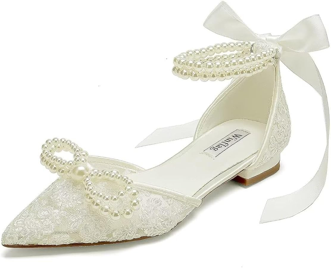 Pearl Wedding Shoes for Bride Flat Lace Bride Shoes Pointed Toe Bridal Flats | Amazon (US)
