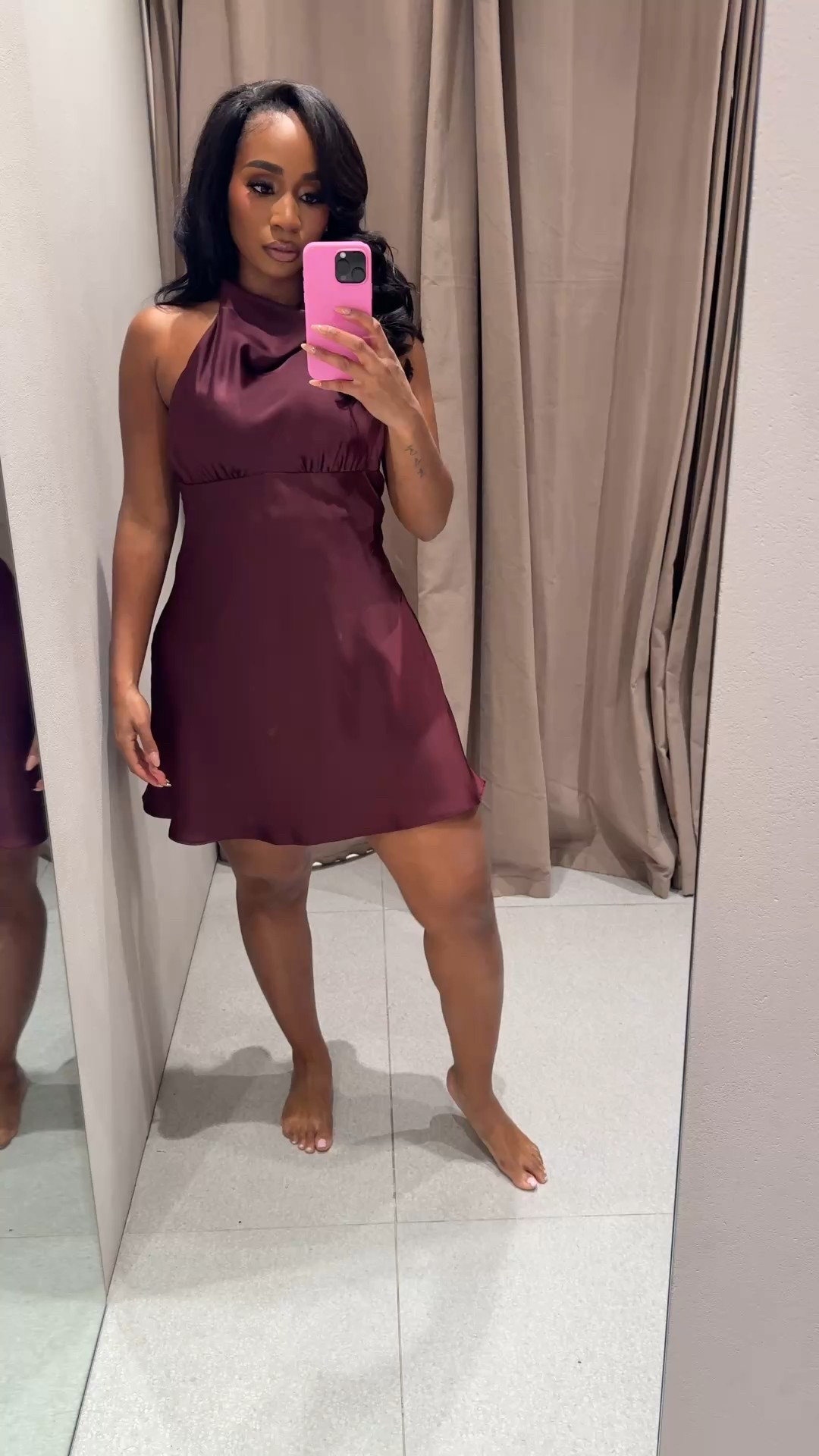 Burgundy satin cowl neck mini dress! 

#LTKFindsUnder100 #LTKStyleTip