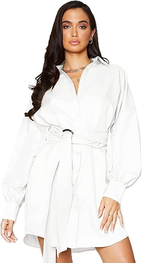 Women's Button Down Shirt Dress Long Sleeve Drawstring Business Blouse Dresses | Amazon (US)