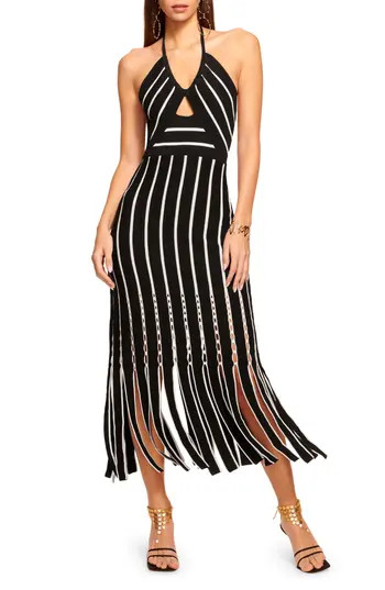Ramy Brook Frida Stripe Halter Midi Dress in Black/Ivory Textured Fringe at Nordstrom Rack, Size Medium | Nordstrom Rack