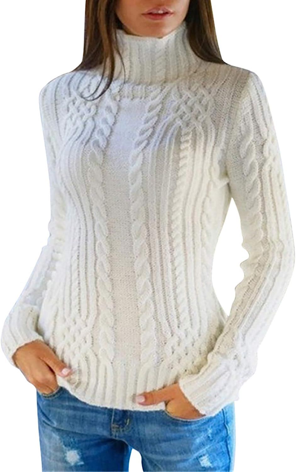 Women's Casual Cable Knit Sweater High Neck Long Sleeve Winter Chunky Pullover Top | Amazon (US)