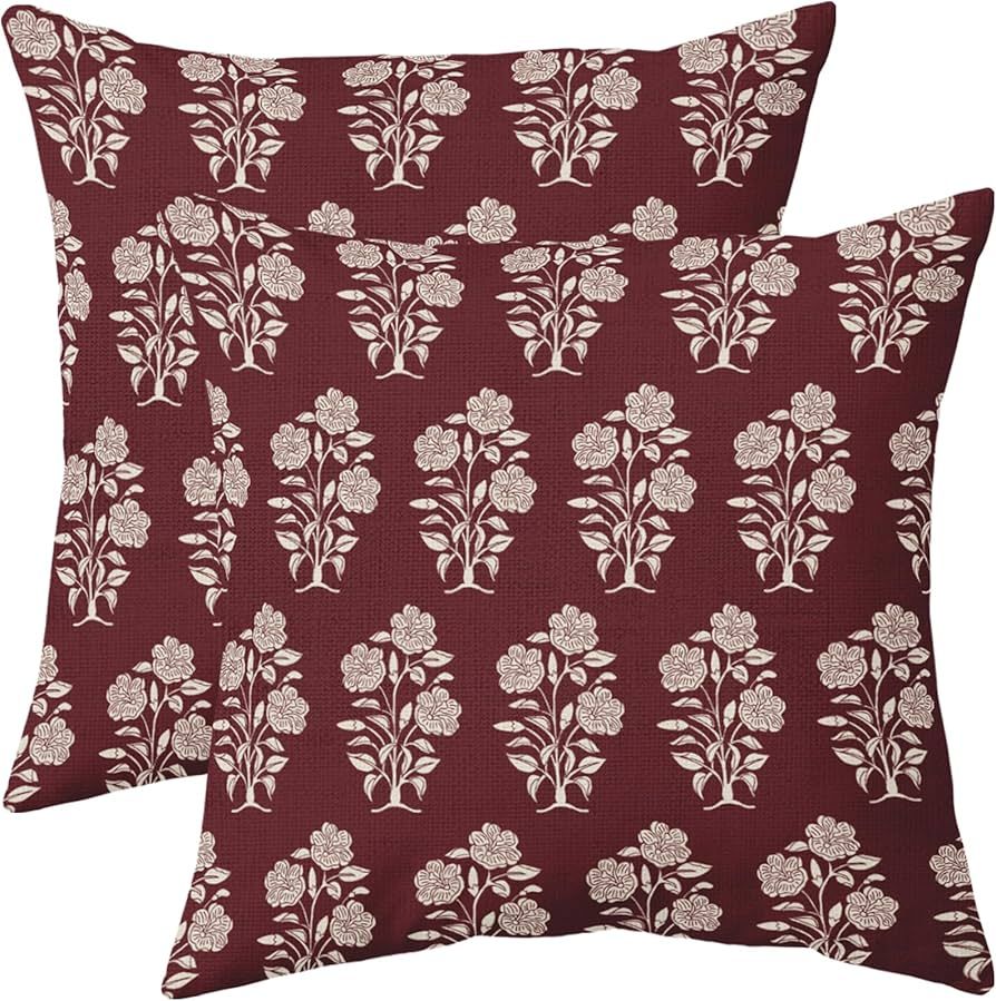 Burgundy Red Floral Pillow Covers 18x18 Set of 2 Block Print Cream Vintage Flower Leaves Chinoise... | Amazon (US)