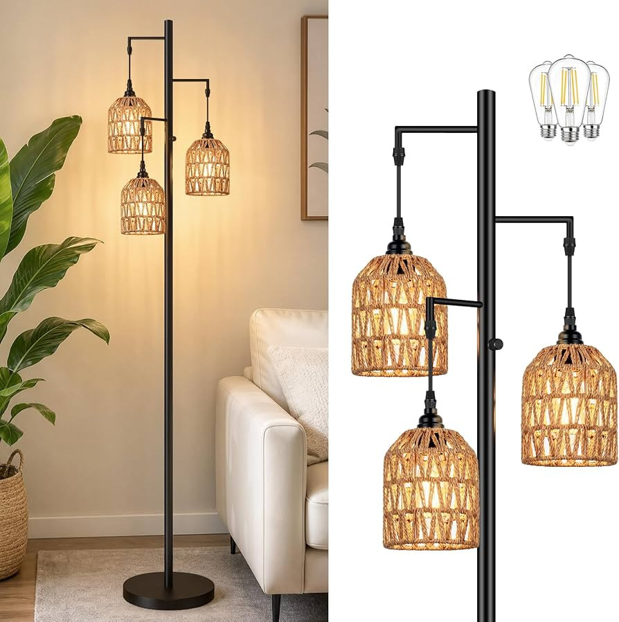 70\u2019\u2019 Tall Floor Lamp for Living Room, 3-Light Rattan Standing Lamp, Black | Amazon (US)