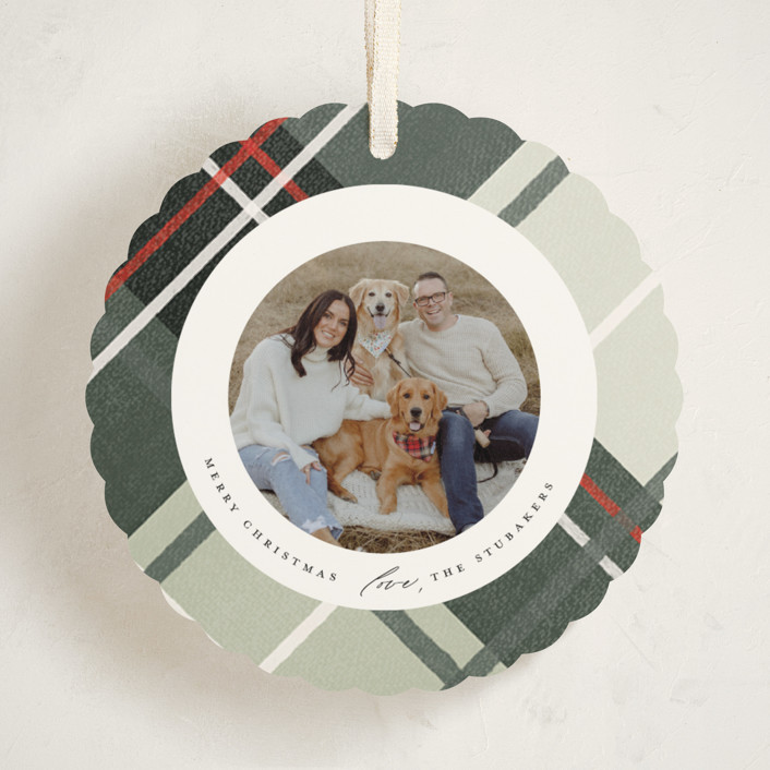 "Classic Christmas Plaid" - Customizable Holiday Ornament Cards in Red by Rebecca Durflinger. | Minted