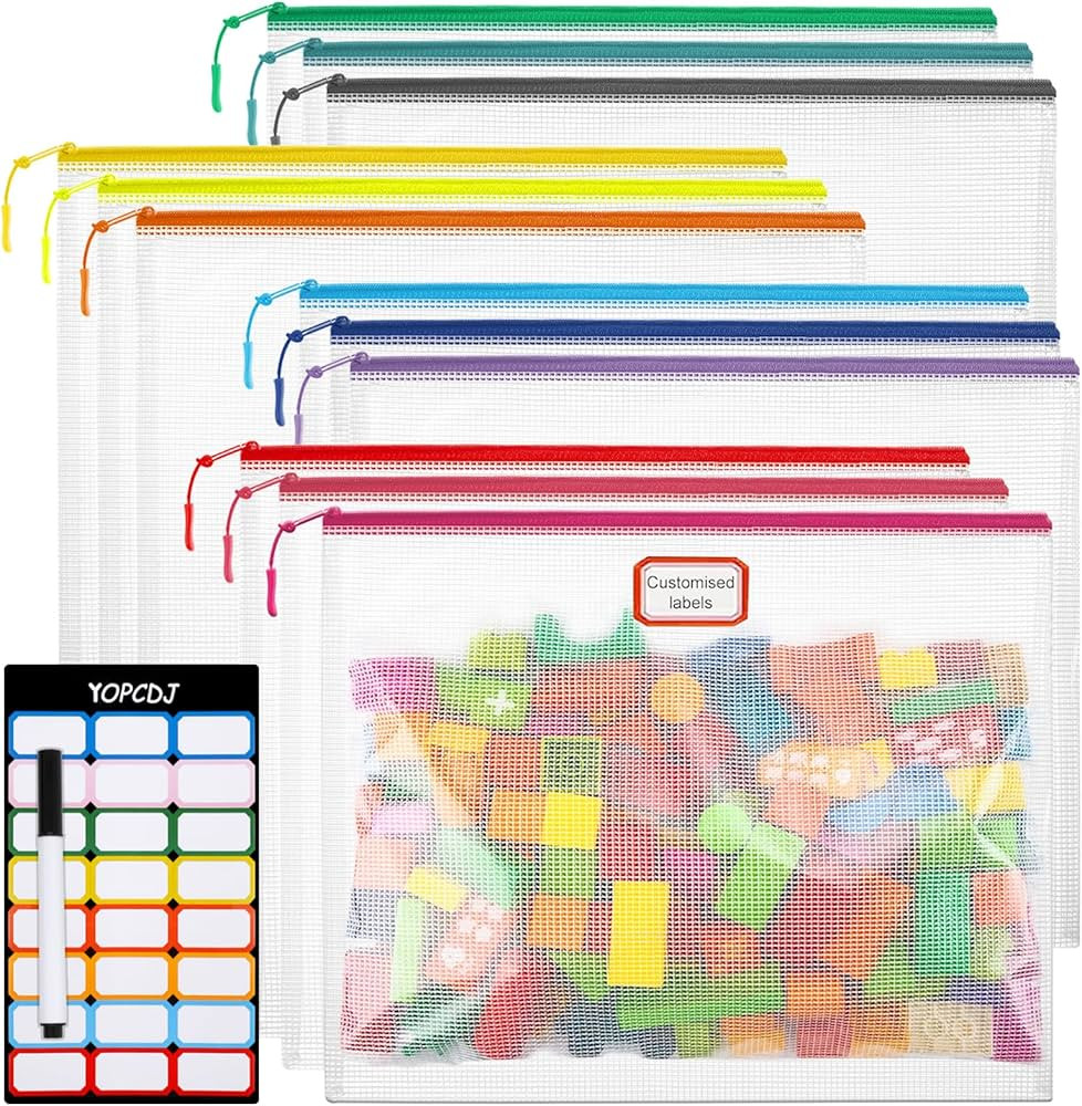 12pcs Mesh Zipper Pouch Bags, A4 Puzzle Bag (12 Colors, 12 Packs) for Organizing, Classroom Must ... | Amazon (US)
