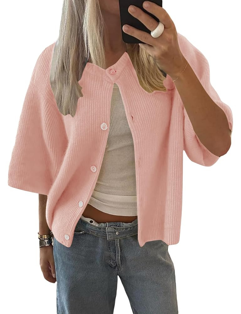 LOMON Womens Spring Summer Short Sleeve Cardigan Sweaters Trendy Crew Neck Button Down Lightweigh... | Amazon (US)