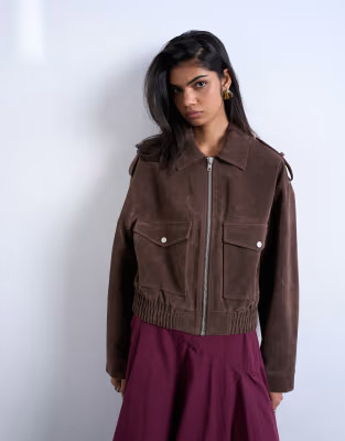 Topshop faux suede bomber jacket with popper details in chocolate | ASOS (Global)