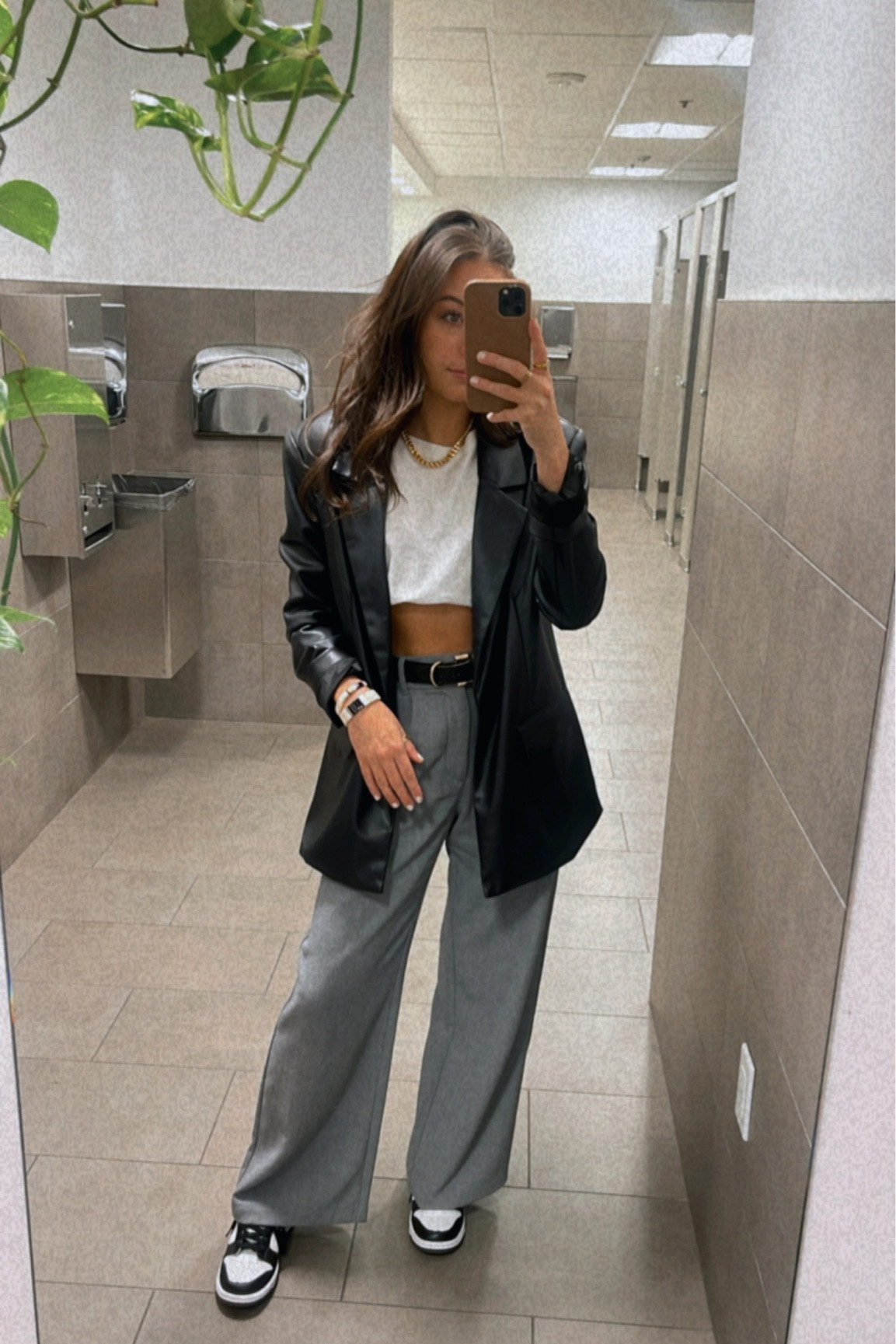 Black leather blazer from WeWoreWhat
Grey tailored pants trousers 

#LTKSeasonal #LTKstyletip #LTKworkwear