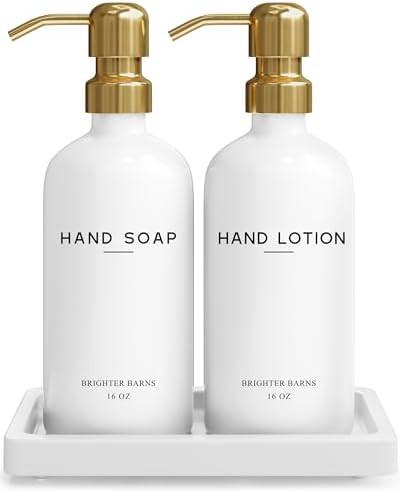 Luxury Glass Soap and Lotion Dispenser Set with Tray by Brighter Barns - Hand Soap Dispenser Bath... | Amazon (US)