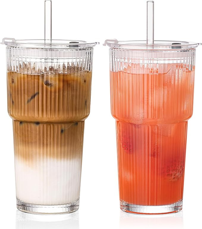 GOSCHE 20oz Ribbed Glass Tumbler with Straw and Lid, Clear Iced Coffee Cups Vintage Glassware, Gl... | Amazon (US)