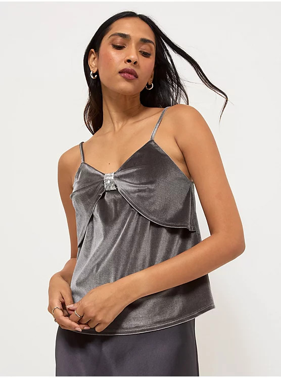 Grey Velvet Bow Sequin Embellished Cami Top | George