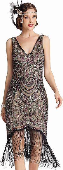 BABEYOND Flapper Dresses 1920s V Neck Beaded Fringed Great Gatsby Dress | Amazon (US)