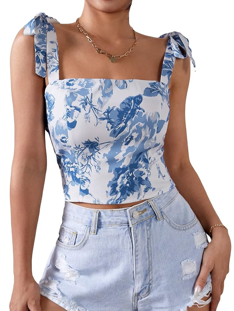 WDIRARA Women's Floral Print Tie Shoulder Square Neck Sleeveless Crop Top Blouse | Amazon (US)