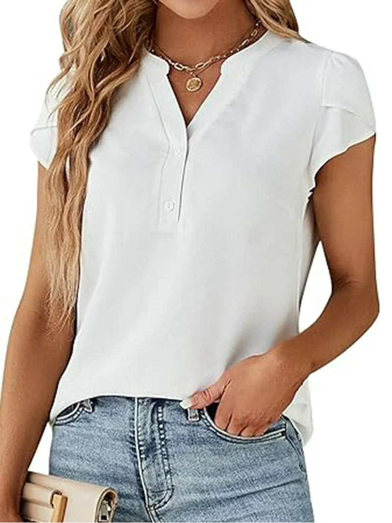 VDJ Women Dressy Tops Summer Petal Short Sleeve V Neck White Tshirts Fashion Business Blouses Lig... | Walmart (US)