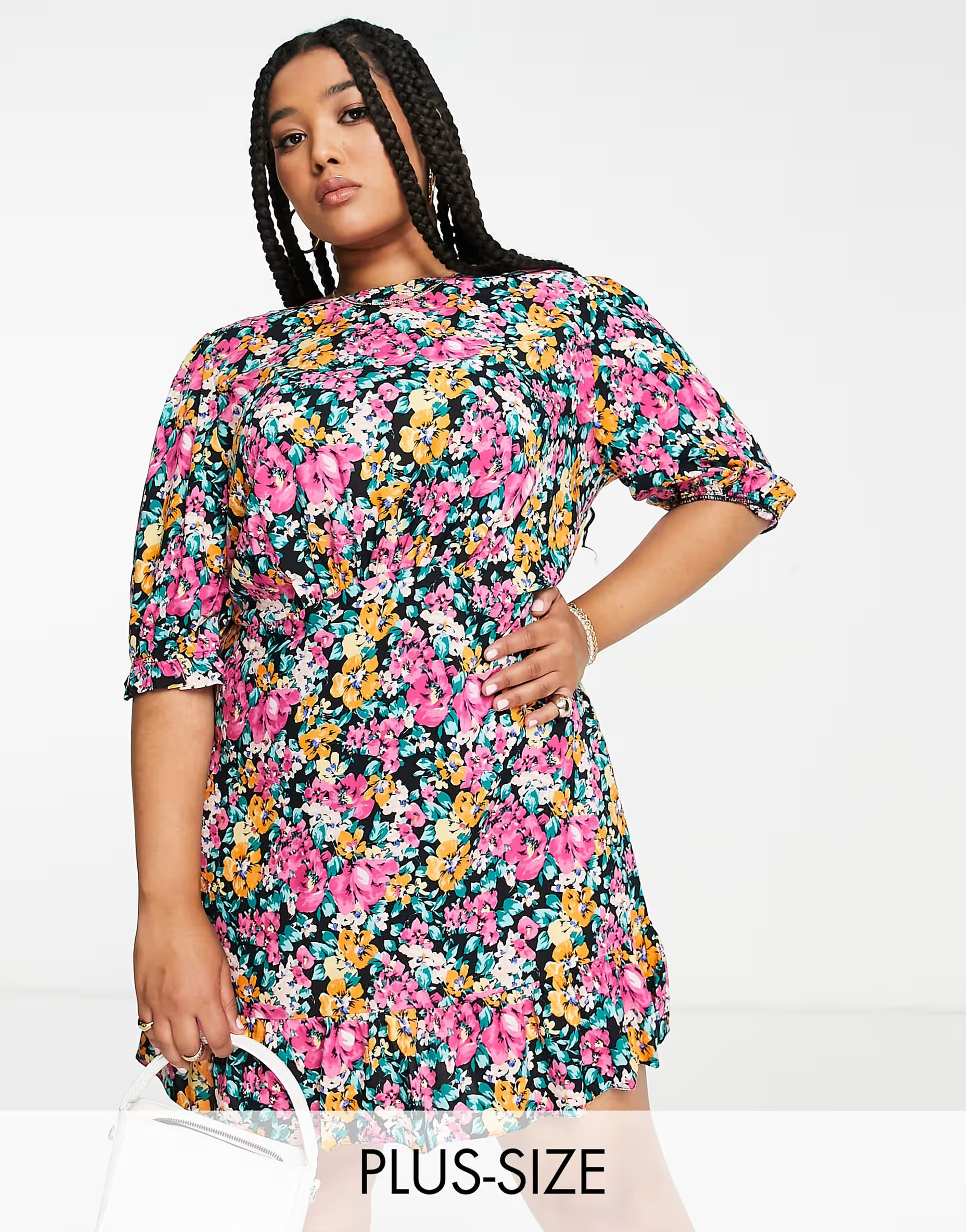 Nobody's Child Plus Serena flower print mini dress in black | ASOS (Global)